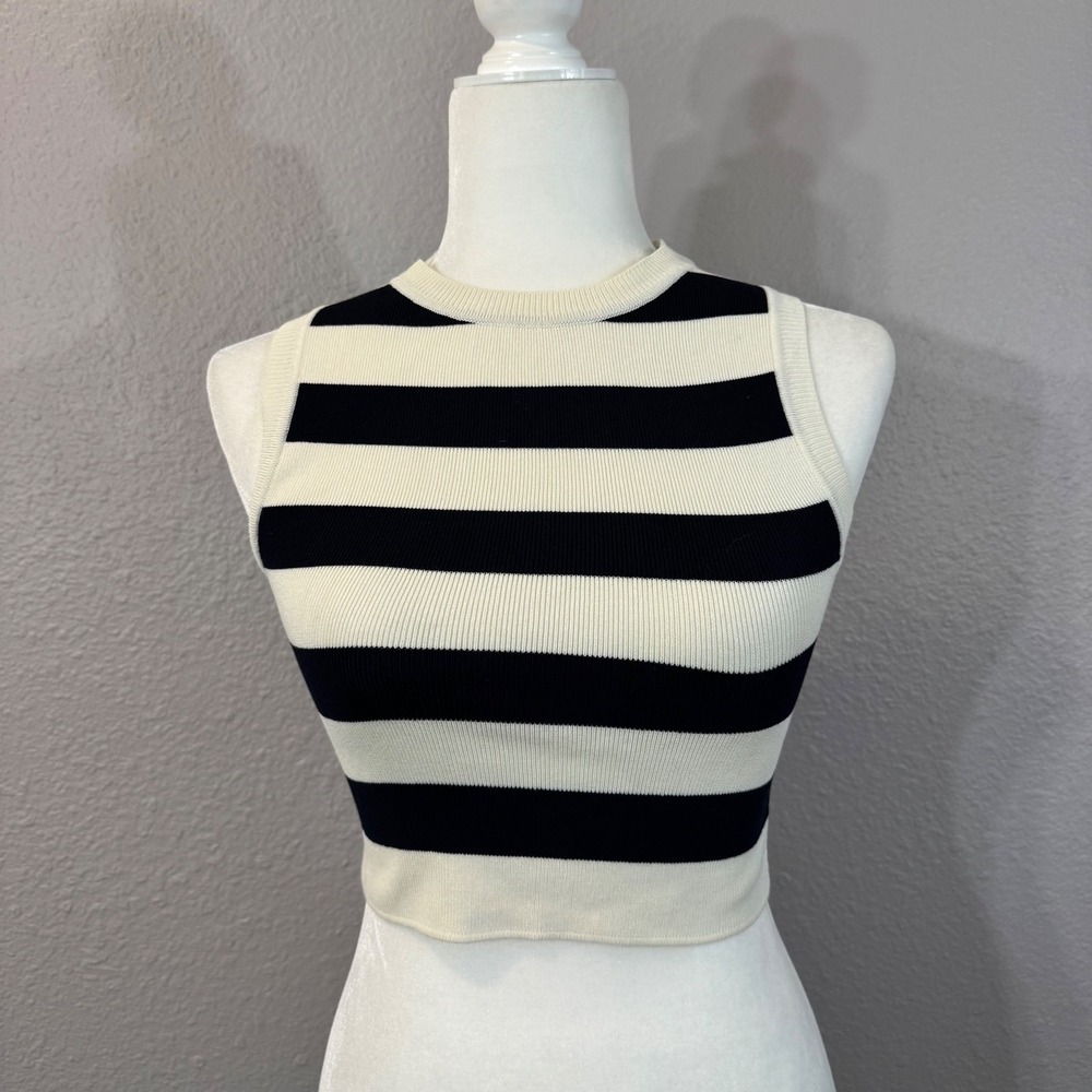 Zara Women's Size S White Blue Striped‎ Ribbed Knit Sleeveless Crop Top